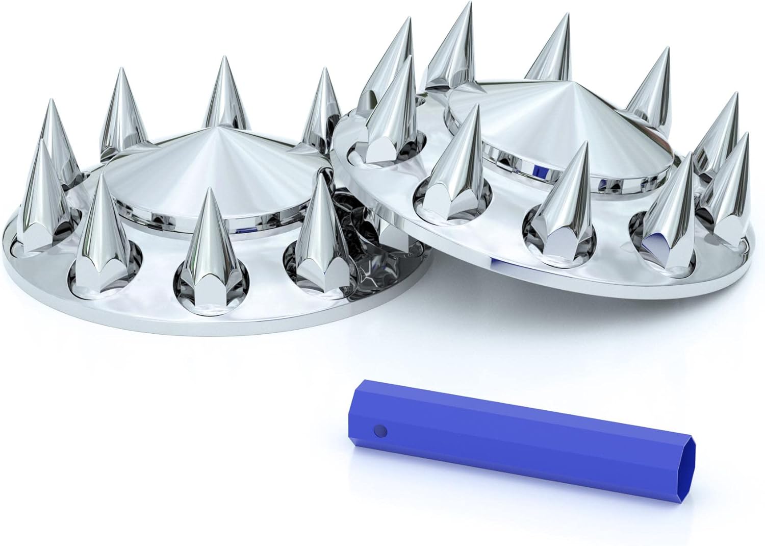 Flycle chrome lug nut covers installed on a semi‑truck wheel